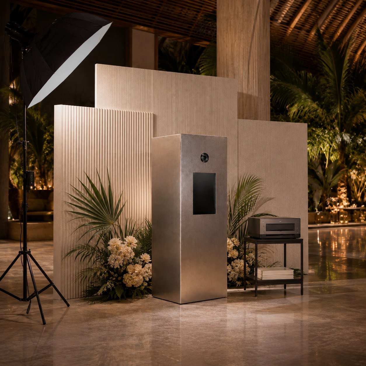Complete Meža booth, lighting, and print station setup